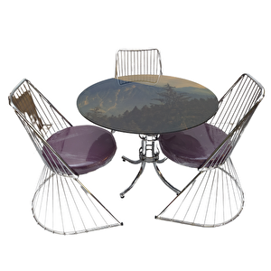 Masa 14152 Tel Sandalye Tk Metal Nikelaj  Ayak Japon Temper Kırılma Manzara Cam