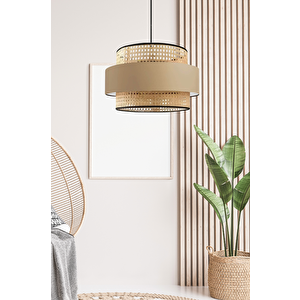 Bohem Trio Metal Kasalı Gerçek Rattan Ve Kahve Kumaş Salon Avize Üç Katlı Pasta Yatak Odası Sarkıt