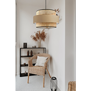 Bohem Trio Metal Kasalı Gerçek Rattan Ve Kahve Kumaş Salon Avize Üç Katlı Pasta Yatak Odası Sarkıt
