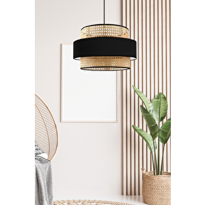 Bohem Trio Metal Kasalı Gerçek Rattan Ve Siyah Kumaş Salon Avize Üç Katlı Pasta Yatak Odası Sarkıt
