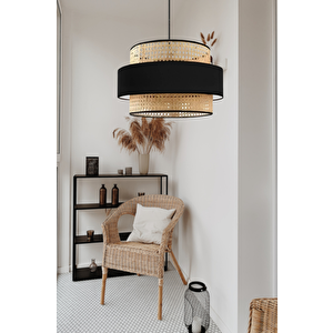 Bohem Trio Metal Kasalı Gerçek Rattan Ve Siyah Kumaş Salon Avize Üç Katlı Pasta Yatak Odası Sarkıt