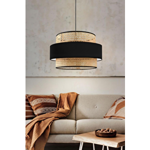 Bohem Trio Metal Kasalı Gerçek Rattan Ve Siyah Kumaş Salon Avize Üç Katlı Pasta Yatak Odası Sarkıt