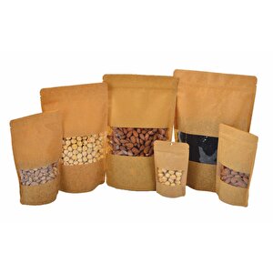 Doypack Pencereli Kraft Delikli Kilitli Kese Kağıdı - Orta Boy - 20x30 Cm. -1000 Gr. - 100 Adet