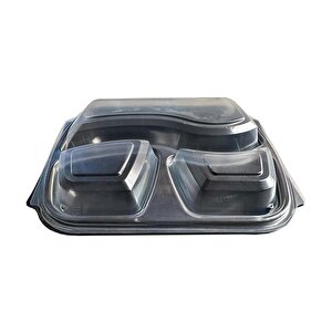 Şeffaf Kapaklı Sıcak Soğuk Isıya Dayanıklı Yemek Salata Kabı - 3 Bölmeli - 21x25 Cm. - 10 Adet