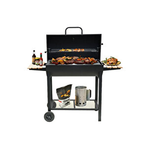 Tekerlekli Kömürlü Dikdörtgen Ahşap Sehpalı Bbq Dökme Demir Kömürlü Mangal Barbekü Izgara 1813-24s