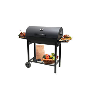 Tekerlekli Kömürlü Dikdörtgen Ahşap Sehpalı Bbq Dökme Demir Kömürlü Mangal Barbekü Izgara 1813-24s