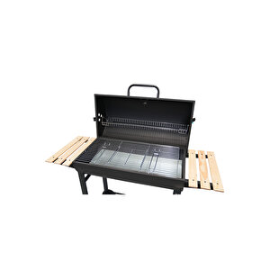 Tekerlekli Kömürlü Dikdörtgen Ahşap Sehpalı Bbq Dökme Demir Kömürlü Mangal Barbekü Izgara 1813-24s