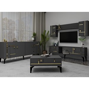 Maddera Tv Üni̇tesi̇,konsol Ve Orta Sehpa 3'lü Salon Takimi Antrasit-Altın Antrasit Gold