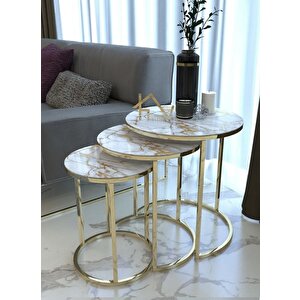 Ecol Desing Sehpa 3'lü Yuvarlak Gold Metal Ayak - Mermer Desenli (kirilmaz) Cam Sehpa