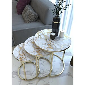 Ecol Desing Sehpa 3'lü Yuvarlak Gold Metal Ayak - Mermer Desenli (kirilmaz) Cam Sehpa