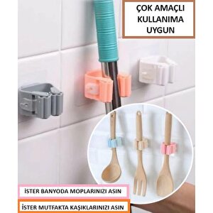 Mop Banyo Askısı Çok Amaçlı Yapışkanlı Askı 4 Adet Fırça Süpürge Papas Düzenleyici Mutfak