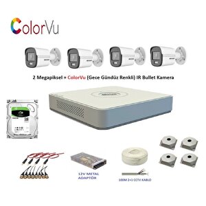 Hikvision 2mp 4 Kameralı Dış Ortam Ahd Hd-tvi Colorvu Gece Renkli Kamera Seti 500gb Disk