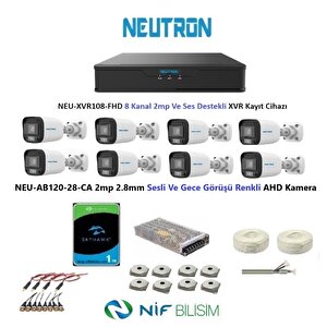 2mp 8 Kameralı Gece Renkli Sesli Dış Ortam Ahd Full Kamera Seti 1tb Disk Neu-ab120-28-ca