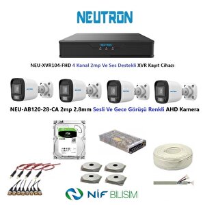 2mp 4 Kameralı Gece Renkli Sesli Dış Ortam Ahd Full Kamera Seti 500gb Disk Neu-ab120-28-ca