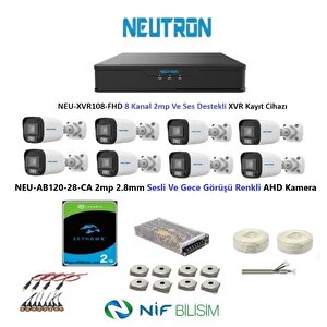 2mp 8 Kameralı Gece Renkli Sesli Dış Ortam Ahd Full Kamera Seti 2tb Disk Neu-ab120-28-ca