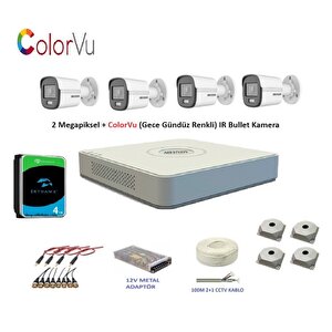 Hikvision 2mp 4 Kameralı Dış Ortam Ahd Hd-tvi Colorvu Gece Renkli Kamera Seti 4tb Disk
