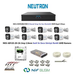 2mp 8 Kameralı Gece Renkli Sesli Dış Ortam Ahd Full Kamera Seti 500gb Disk Neu-ab120-28-ca