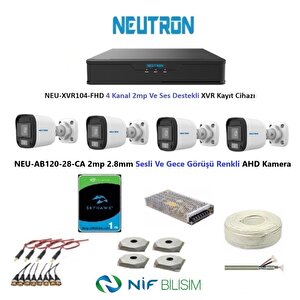 2mp 4 Kameralı Gece Renkli Sesli Dış Ortam Ahd Full Kamera Seti 1tb Disk Neu-ab120-28-ca
