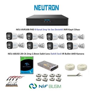 Neutron 2mp 8 Kameralı Sesli Dış Ortam Ahd Full Kamera Seti 1tb Disk Neu-xvr108-fhd Neu-ab102-28-ca