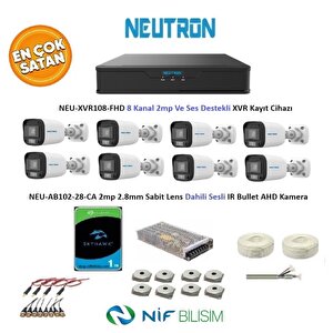 Neutron 2mp 8 Kameralı Sesli Dış Ortam Ahd Full Kamera Seti 1tb Disk Neu-xvr108-fhd Neu-ab102-28-ca