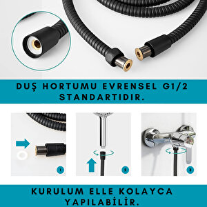 Banora Spiral Duş Başlığı Hortumu, Paslanmaz, Esnek, G1/2" İçin Uygun Standart Bağlantı, 150 Cm, Siyah