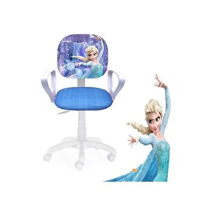 Çocuk Odası Ders Çalışma Ofis Koltuğu Öğrenci Sandalyesi Frozen Desen Beyaz Tekerlekli Yüksek Ayarlı
