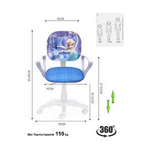 Çocuk Odası Ders Çalışma Ofis Koltuğu Öğrenci Sandalyesi Frozen Desen Beyaz Tekerlekli Yüksek Ayarlı