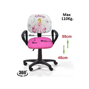 Çocuk Odası Ders Çalışma Ofis Koltuğu Sindirella Prenses Desenli Çocuk Sandalyesi Pembe