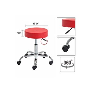 Krom Ayaklı Ofis Kasiyer Taburesi 360 Derece Tekerlekli Deri Döşeme Eczane Laboratuvar Kırmızı