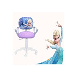 Çocuk Odası Ders Çalışma Ofis Koltuğu Öğrenci Sandalyesi Frozen Desenli Lila Beyaz Tekerlekli