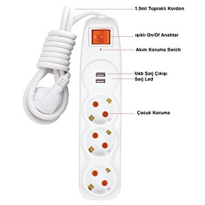Voltaj Akım Korumalı 3lü Grup Priz Çocuk Koruma 2'li Usb Şarj 1,5 Mt Uzatma Kablolu Işıklı Anahtarlı