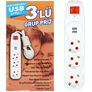 Voltaj Akım Korumalı 3lü Grup Priz Çocuk Koruma 2'li Usb Şarj 1,5 Mt Uzatma Kablolu Işıklı Anahtarlı