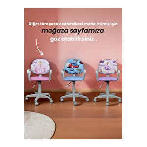 Çocuk Odası Ders Çalışma Ofis Koltuğu Öğrenci Sandalyesi Araba Desen Beyaz Tekerli Yükseklik Ayarı
