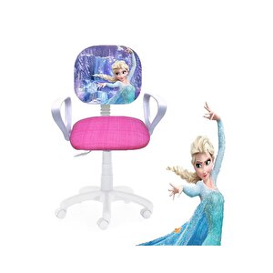Çocuk Odası Ders Çalışma Ofis Koltuğu Öğrenci Sandalyesi Frozen Desen Beyaz Tekerlekli Yüksek Ayarlı