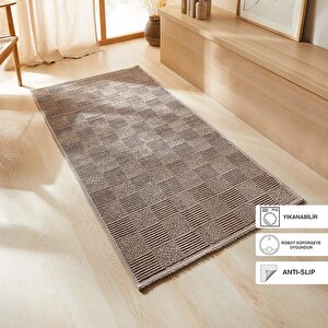 Yıkanabilir Pamuklu Bej Renk Dama Desen Kilim 80 X 150 Cm