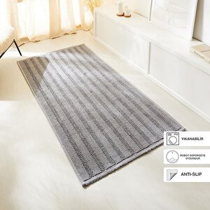 Yıkanabilir Pamuklu Gri Renk Çizgi Desen Kilim 80 X 150 Cm