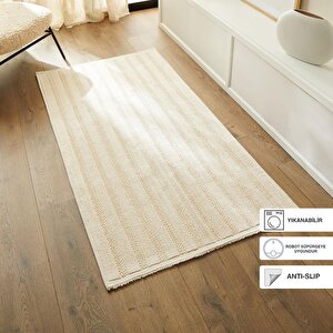 Yıkanabilir Pamuklu Ekru Renk Çizgi Desen Kilim 80 X 150 Cm
