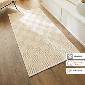 Yıkanabilir Pamuklu Ekru Renk Dama Desen Kilim 80 X 150 Cm