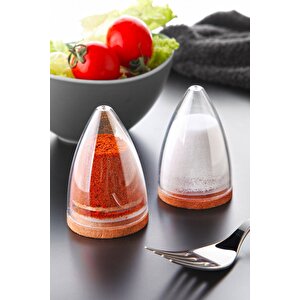 2 Li Lux Ahşap Altlıklı Piramit Modelli Tuzluk Biberlik Seti-silikon Kapaklı Damla Baharatlık 80 Ml