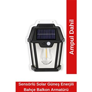Sensörlü Solar Güneş Enerjili Bahçe Balkon Armatürü- Sarı Işık Rustik Ampul Dahil