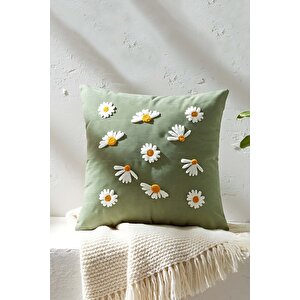 Yeşil Zemin Papatya Desenli Punch İşlemeli Dekoratif Tasarım Keten Kırlent Kılıfı