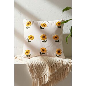 Ekru Zemin Ayçiçeği Desenli Punch İşlemeli Dekoratif Tasarım Keten Kırlent Kılıfı