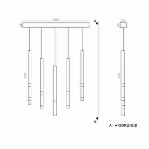 Voxlamp Düz Rozanslı Orta Işıklı Eaves Sarkıt Led Avize 5*ø25mm 20 Watt Yemek Masası, Ada Üstü, Çalışma Odası