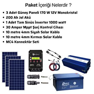 Teknovasyon Arge Güneş Enerjisi Bağ Evi Solar Paketi Sp500 1000w Tam Sinüs İnverter 170w 12v Güneş Paneli 200ah 12v Jel Akü