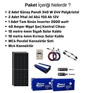 Teknovasyon Arge Güneş Enerjisi Bağ Evi Solar Paketi - 2000w Tam Sinüs İnverter, 2 X 340w 24v Polikristal Güneş Paneli, 2 X 150ah