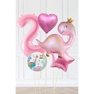 Pembe Dinazor Balonlu Kız Doğum Günü Balon Süsleme Seti Bannerlı Büyük Pembe Yaş Balonlu Dinozor Balon Paketi 6