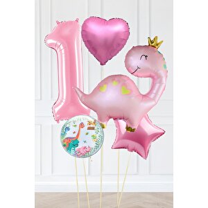 Pembe Dinazor Balonlu Kız Doğum Günü Balon Süsleme Seti Bannerlı Büyük Pembe Yaş Balonlu Dinozor Balon Paketi 2