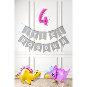 Pembe Dinazor Tema Kız Doğum Günü Balon Süsleme Seti Bannerlı Pembe Yaş Balonlu Dinozor Balon Paketi