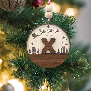 İskandinav Tarzı X Harfi Yılbaşı Ağaç Süsü, Kişiye Özel Minimalist Noel Baba Desenli Çam Ağacı Süsü