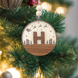 İskandinav Tarzı H Harfi Yılbaşı Ağaç Süsü, Kişiye Özel Minimalist Noel Baba Desenli Çam Ağacı Süsü